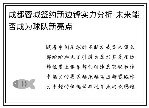 成都蓉城签约新边锋实力分析 未来能否成为球队新亮点
