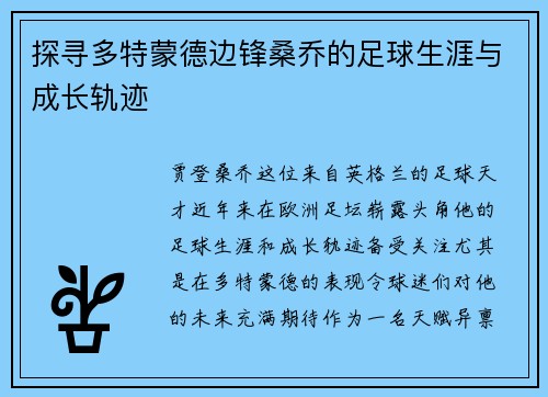 探寻多特蒙德边锋桑乔的足球生涯与成长轨迹