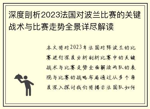 深度剖析2023法国对波兰比赛的关键战术与比赛走势全景详尽解读