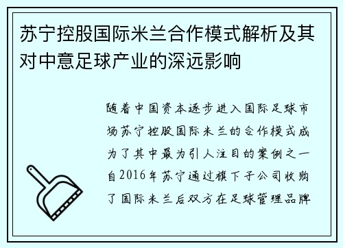 苏宁控股国际米兰合作模式解析及其对中意足球产业的深远影响