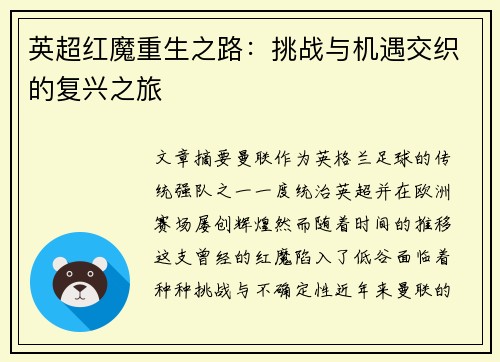 英超红魔重生之路：挑战与机遇交织的复兴之旅