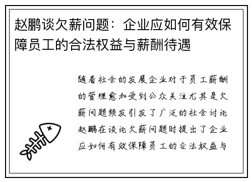 赵鹏谈欠薪问题：企业应如何有效保障员工的合法权益与薪酬待遇